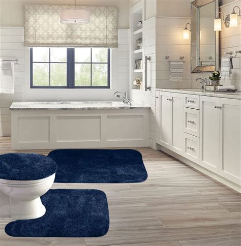 3-Piece Navy Blue Chenille Bathroom Rug Set with Non-Slip Backing ...