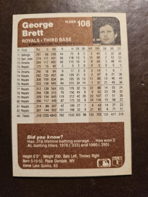 1983 Fleer 108 George Brett Kansas City Royals EBay