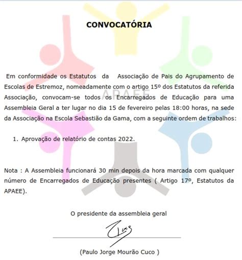 Convocatória Assembleia Geral Assoc Pais 15 fev 2023