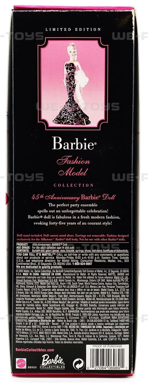 Th Anniversary Barbie Genuine Silkstone Doll Bfmc Mattel B