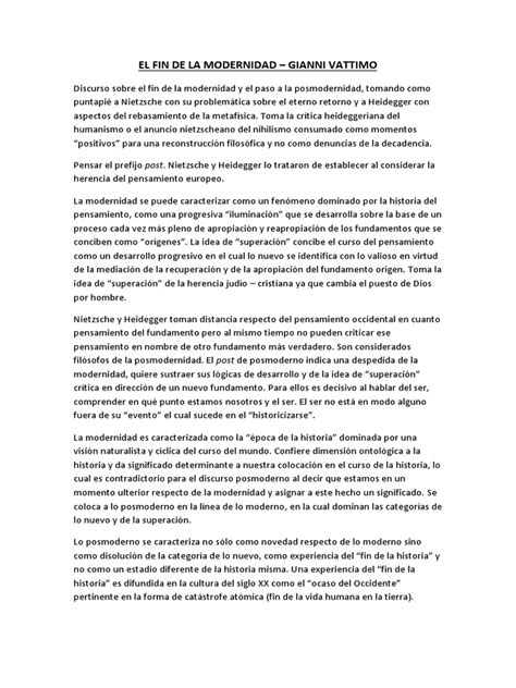 Resumen El Fin De La Modernidad Vattimo Pdf Verdad Metafísica