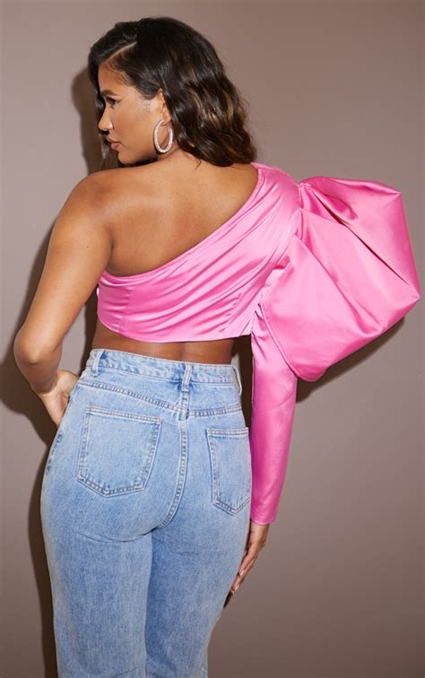 Hot Pink Satin One Shoulder Crop Corset Prettylittlething Usa