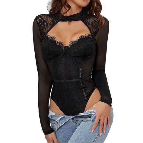 Lace Lingerie Mini Chemise Women S Set Neck Solid Color Long Sleeved