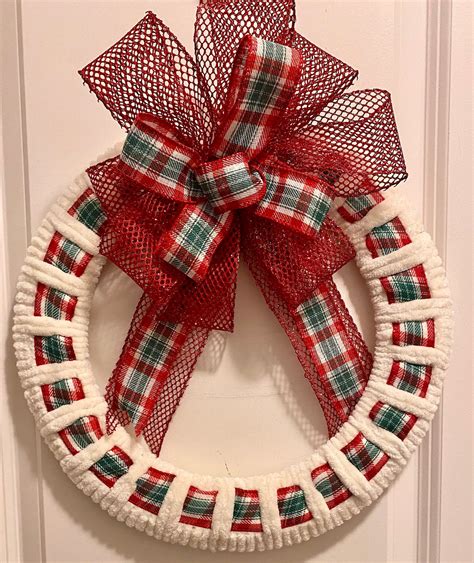 Yarn And Ribbon Wreath Christmas Yarn Wreath Christmas Etsy