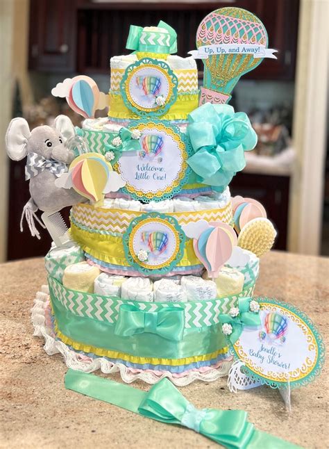Premium Tier Hot Air Balloon Diaper Cake With Stuffed Bear Brush Comb Washcloths Balloon