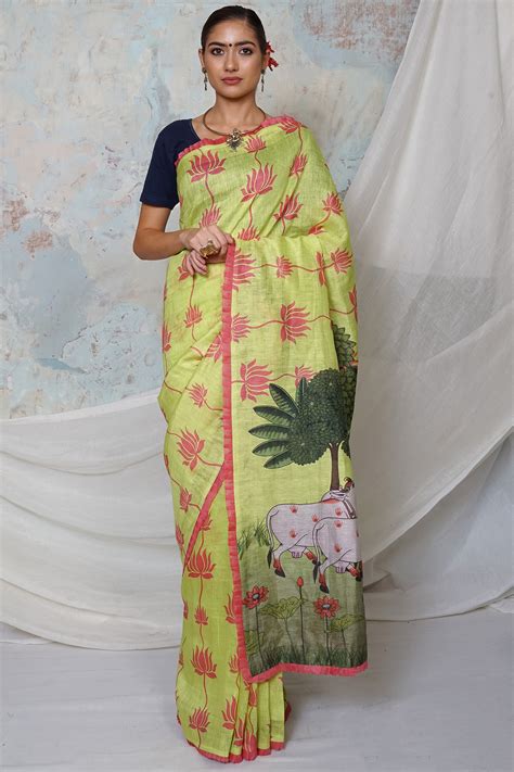 Buy Label Pratham Yellow Pichwai Tussar Linen Saree With Unstitched