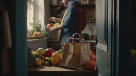 Un Hombre En Una Cocina Con Una Bolsa De Frutas Y Verduras Foto Premium