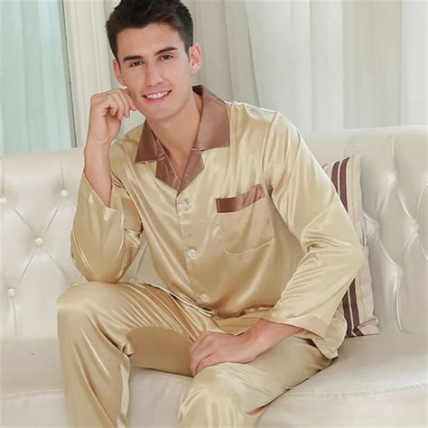 Sexy Faux Silk Men Pajamas Fashion Simple Ice Silk Sleepwear Male Pure