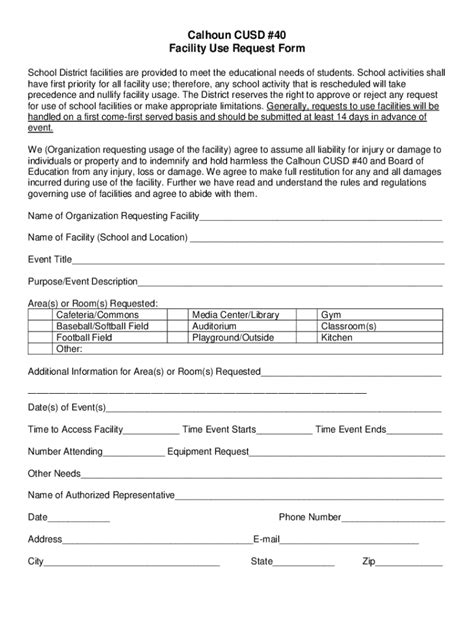 Fillable Online Calhoun CUSD 40 Facility Use Request Form Fax Email