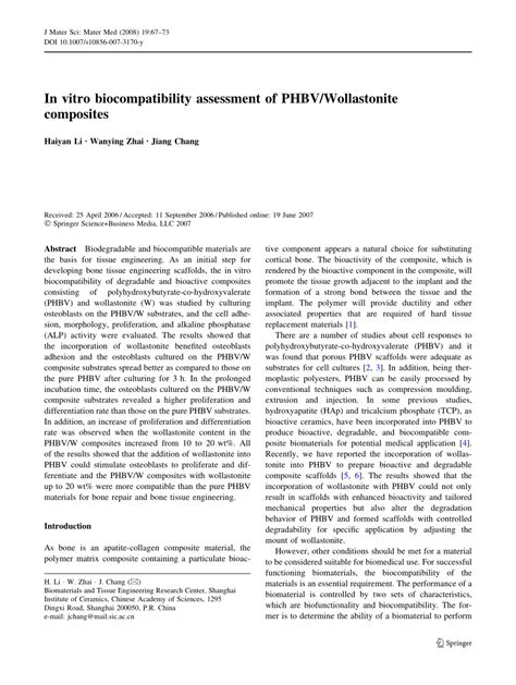 Pdf In Vitro Biocompatibility Assessment Of Phbvwollastonite Composites