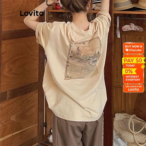 Lovito Women S Casual Landscape Print Oversized Cotton T Shirt Khaki