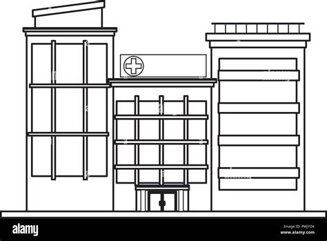 Hospital building cartoon isolated in black and white vector ...