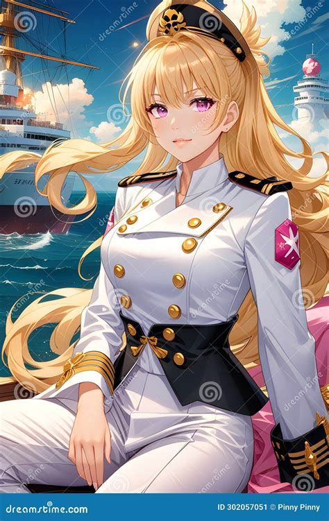 A Beautiful Anime Fantasy Blonde Marine Girl Relaxing On A Ship Wearing The Marine Uniform