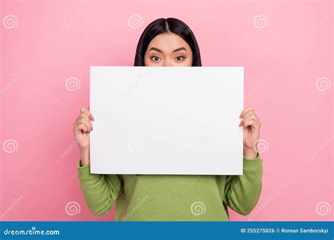 Photo Of Brunette Millennial Lady Hold Poster Cover Face Wear Green Jumper Isolated On Pink