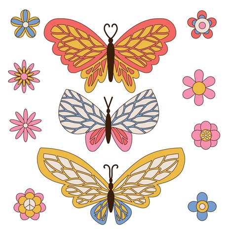 Set Of 70s 60s Groovy Hippie Butterflies Isolated On White Boho Summer