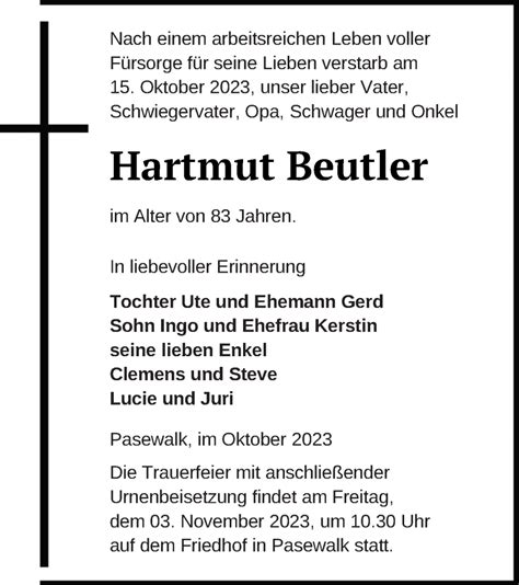 Traueranzeigen Von Hartmut Beutler Trauer Nordkurier