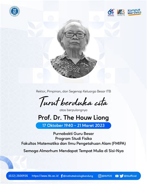 ITB Berduka Guru Besar FMIPA Prof The Huow Liong Berpulang Institut