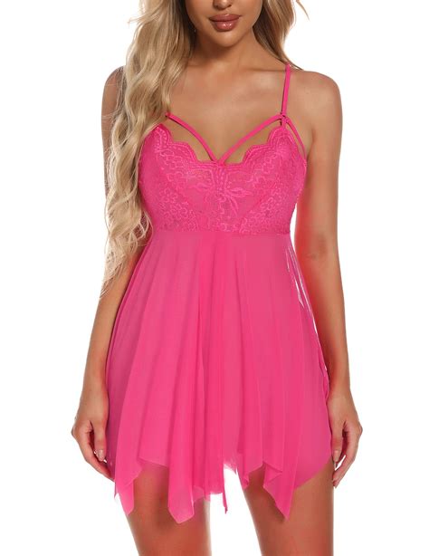 Giorzio Women Sexy Lingerie Babydoll Lace Sleepwear Chemise Nighty Wine Red Rose Red XL For