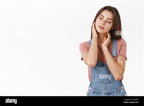 Sensual Dreamy Tender Alluring Brunette Woman Gently Touching Her Skin Neck Tilt Head With