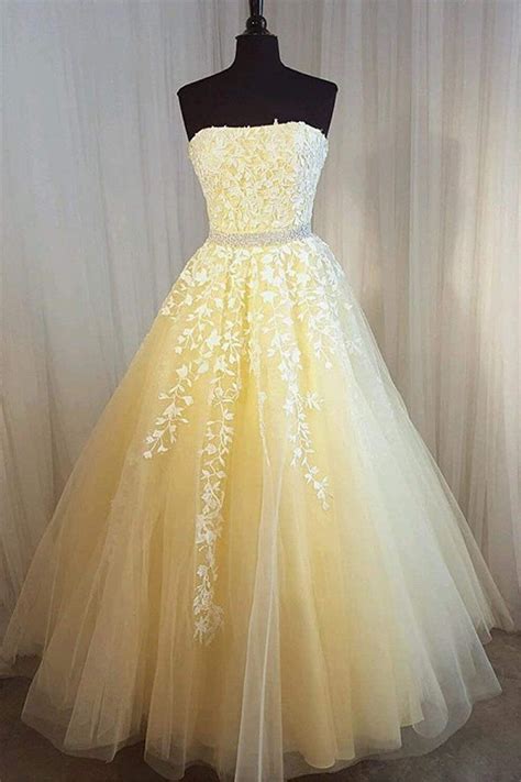 Strapless Yellow Lace Long Prom Dress Yellow Lace Formal Graduation