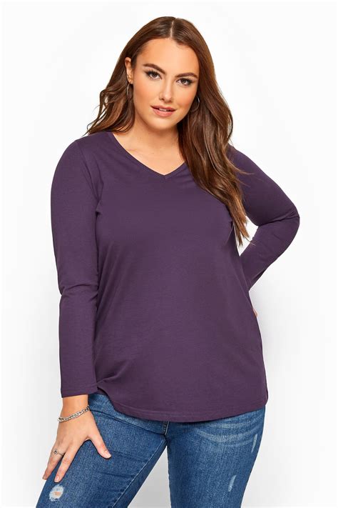 Dark Purple V Neck Long Sleeve Top Yours Clothing