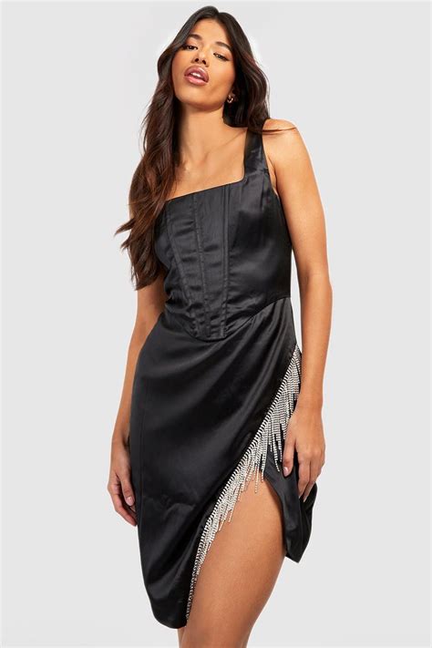 Women S Tall Diamante Trim Satin Dress Boohoo Uk