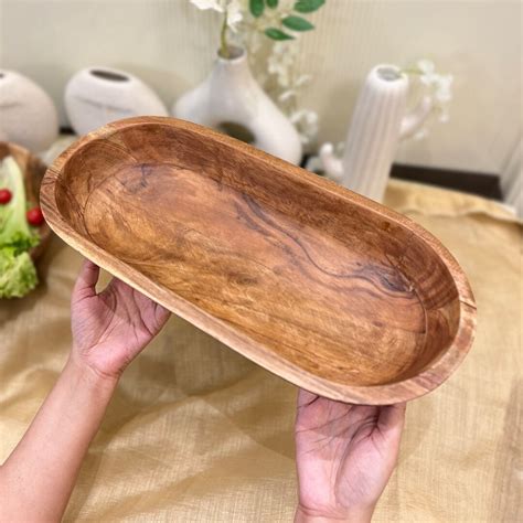 Large Long Carved Dark Wooden Dough Bowl Bread Proofing Riser