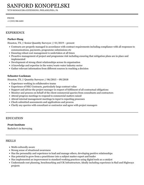 Quantity Surveyor Resume Samples | Velvet Jobs