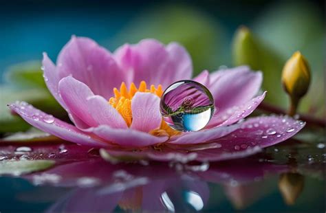 Crystal Clear Water Drop Resting On Autumn Leaves With Reflective