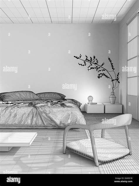 Blueprint Unfinished Project Draft Japandi Bedroom Mock Up Bed With Pillows Wallpaper