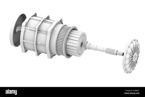 Clay Rendering Exploded View Of Electric Vehicle Motor On Gray