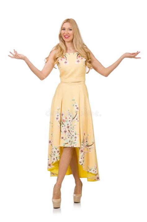 La Fille Blonde Dans La Robe Avec Du Charme Avec La Fleur Imprime Image