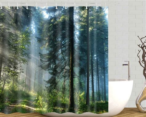 California Redwood Bathroom Shower Curtain Misty Forest Etsy