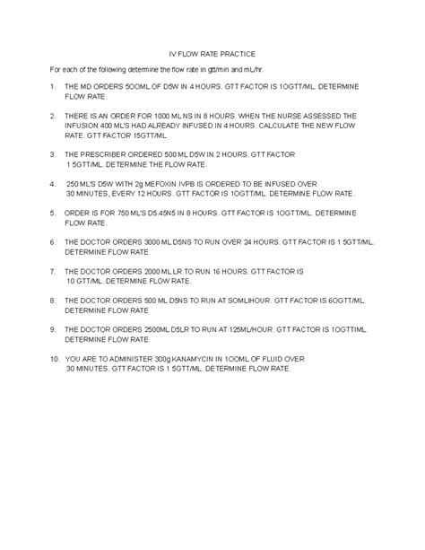 Iv Practice Problems Iv Flow Rate Practice For Each Of The Following