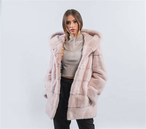 Light Pink Mink Fur Jacket With Hood Real Fur Haute Acorn