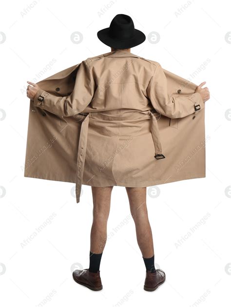 Exhibitionist Exposing Naked Body Under Coat Isolated On White Back