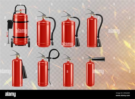 Set Of Realistic Red Extinguishers Isolated On The Background Of Fiery Sparks Different Types