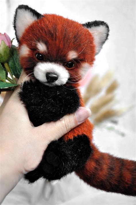 Red Panda Teddy With A Bouquet Of Rose Flowers Realistic Cute Handmade