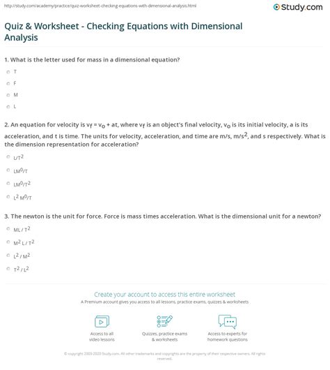 Quiz And Worksheet Checking Equations With Dimensional Analysis