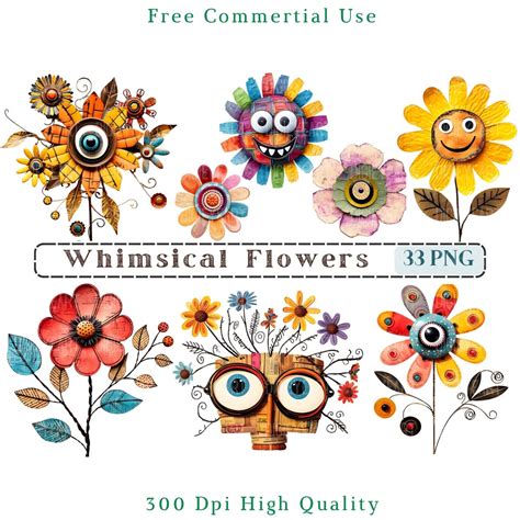 Whimsical Flowers Clipart, Quirky Flower Clip Art, Whimsical Elements ...