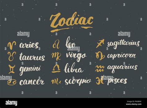 Zodiac Signs Set And Letterings Hand Drawn Horoscope Astrology Symbols