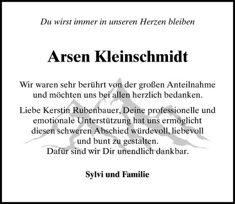 Traueranzeigen Von Arsen Kleinschmidt Trauer Anzeigen De