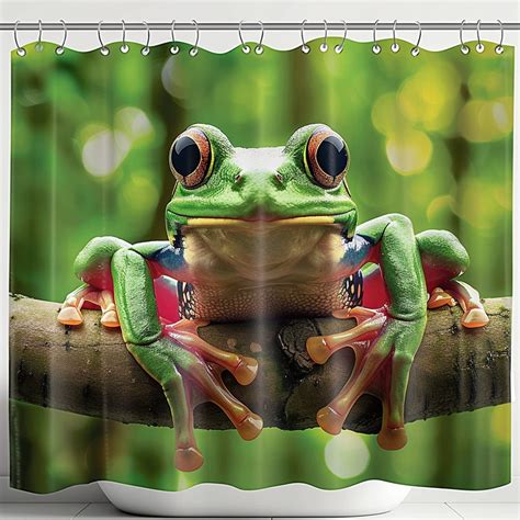 Hyper Realistic Frog On Tree Branch Bathroom Shower Curtain Green