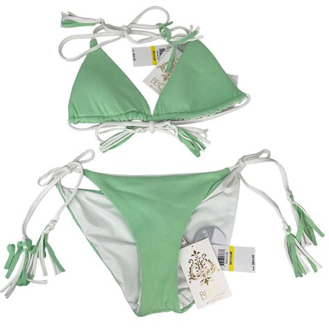 Becca Cheryl Triangle Reversible Bikini Medium Mint Green White Tassels New