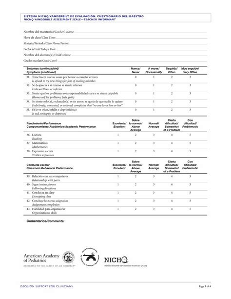 Pdf Sistema Nichq Vanderbilt De Evaluaci N Cuestionario Del Maestro