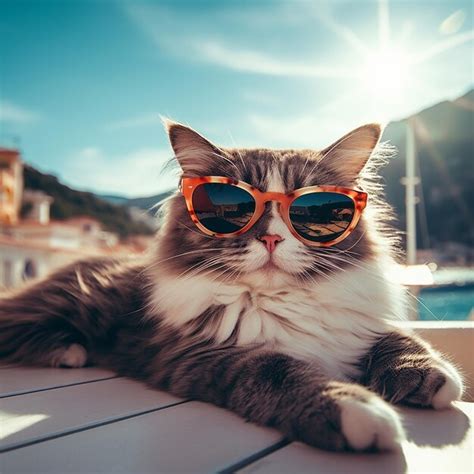 Premium Photo A Cat With Fashion Sunglasses Is Lying On The Roof