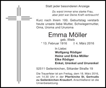 Traueranzeigen von Emma Möller Aachen gedenkt