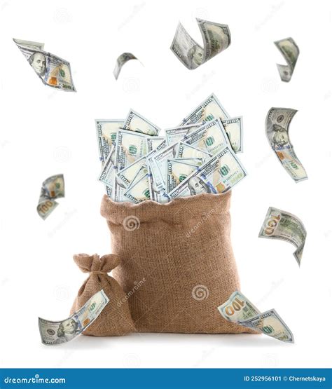 Burlap Bags And Flying Dollar Banknotes On White Background Stock Image