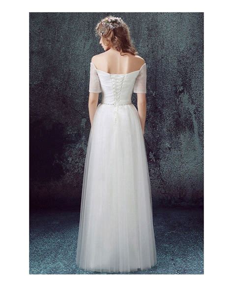 Simple A Line Off The Shoulder Floor Length Tulle Wedding Dress With