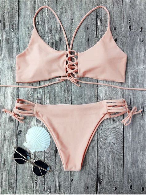 Off Banded Front Strappy Padded Bikini Set In Pink Zaful